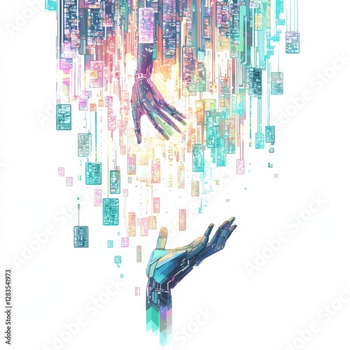 Digital Connection: Two stylized hands, one reaching upward and the other extending downwards, are enmeshed in a cascading flow of vibrant data streams. The scene symbolizes connection, technology.