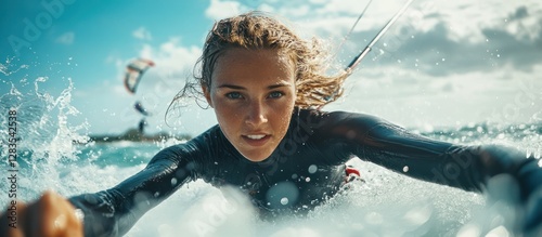 Woman kitesurfing ocean; kitesurfer background