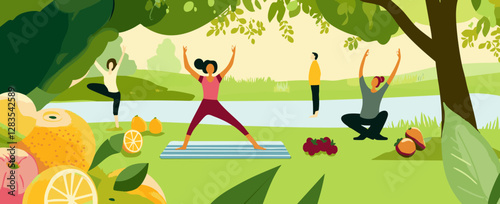 vector Illustration of people doing yoga in the park