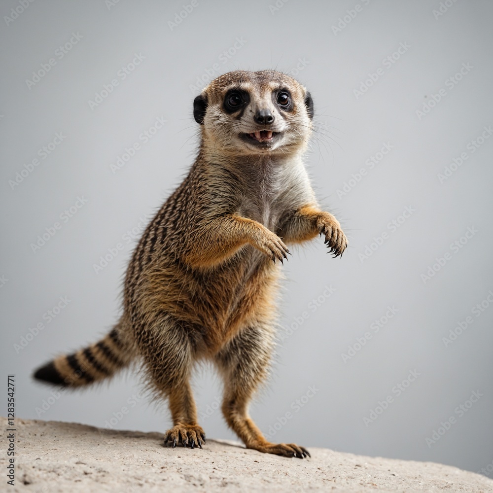 Fototapeta premium A meerkat balancing on one foot, looking playful, on a white background.