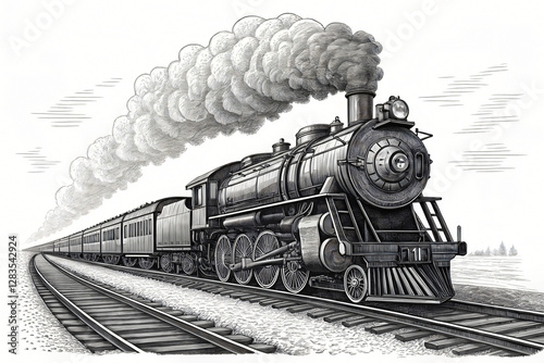 the power and beauty of the steam train sketch engraving generative ai raster illustration. Scratch board imitation. Black and white image.