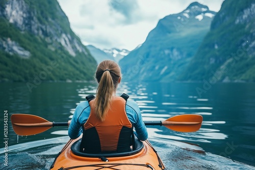 Young woman kayaking in beautiful Norwegian Fjords