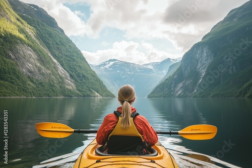 Young blonde woman kayaking in a beautiful Norwegian fjord