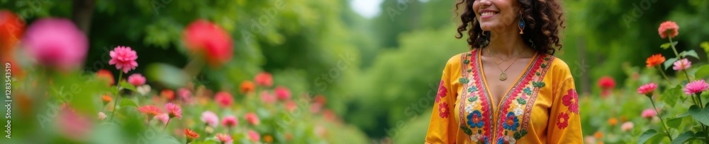 Free-spirited woman wearing colorful embroidered outfit in a lush garden, surrounded by flowers and greenery , nature, floral patterns, free spirit Free-spirited woman wearing colorful embroidered outfit in a lush garden, surrounded by flowers and greenery , nature, floral patterns, free spirit