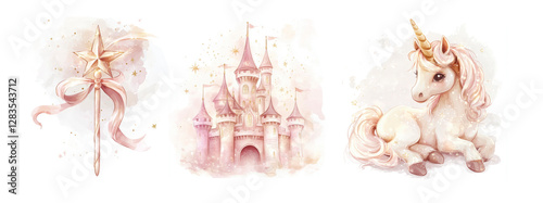 pink clipart princess watercolor pony castle