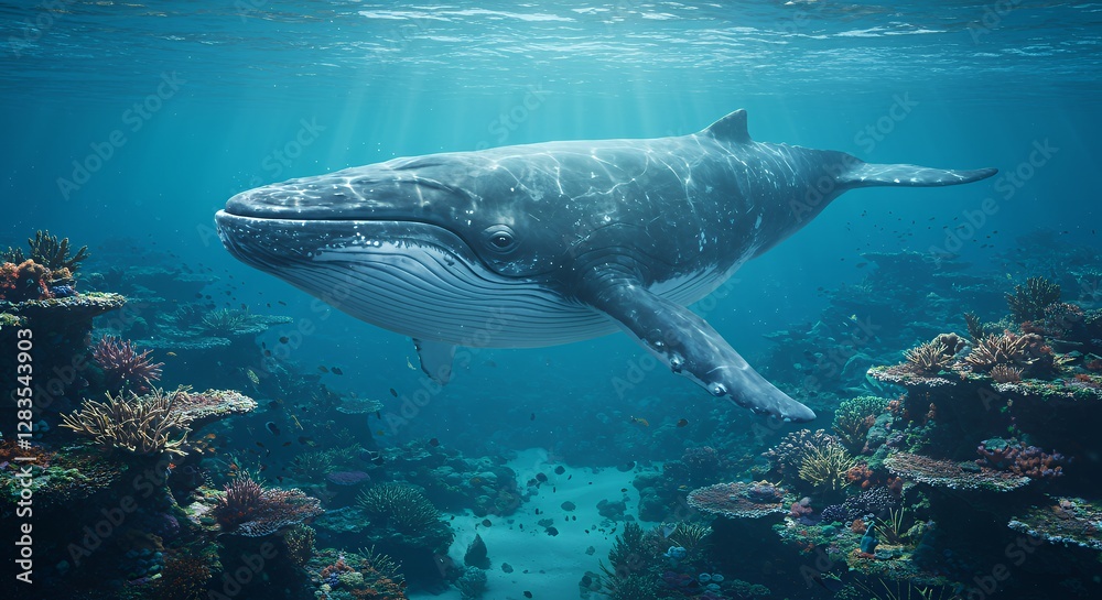Fototapeta premium Humpback Whale Swimming Underwater Among Coral Reefs with Sun Rays