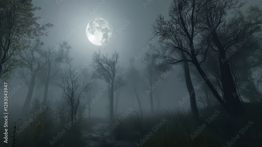 Mysterious foggy forest at night with full moon and bare trees Mysterious foggy forest at night with full moon and bare trees