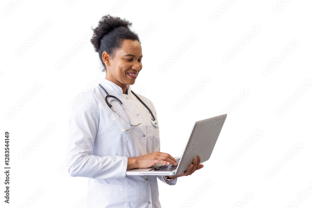 Dedicated African American medical expert working on a laptop while standing Dedicated African American medical expert working on a laptop while standing