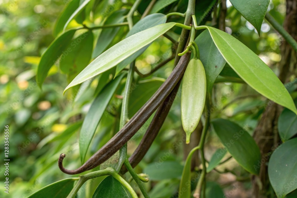 Fototapeta premium Close-up of vanilla beans nestled among lush green leaves, showcasing the beauty of nature's bounty.