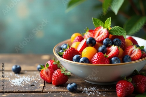 Fresh mixed fruit berry salad on a wooden table, outdoor, nature, healthy food