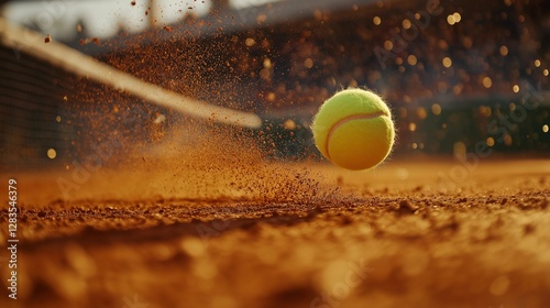 Tennis racket and ball on outdoor court during a match