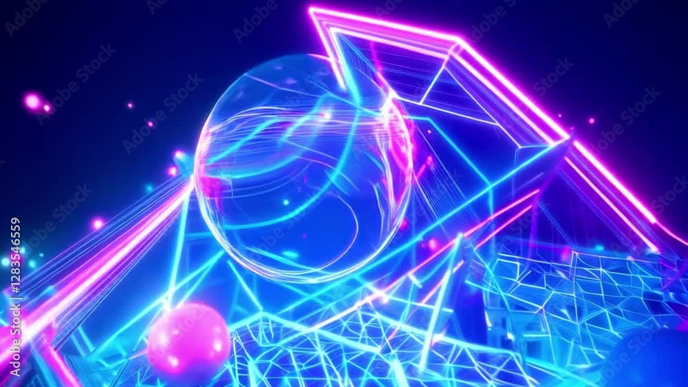 A 3D rendering of a neon-lit abstract design with blue, pink, and purple lines and dots.