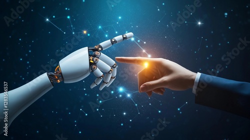 AI robot hand touching human hand