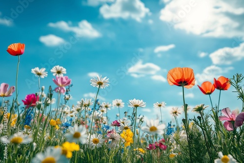 Poppy flower field under a clear blue sky
