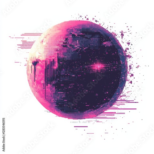 Cosmic Data: A digital depiction of a futuristic planet, its surface rendered in a vibrant palette of purple and pink, with a glitching effect.