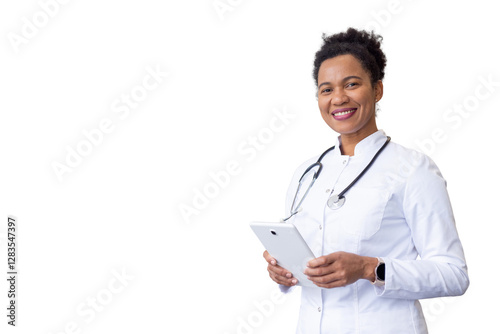 Canvas Print Knowledgeable African American healthcare provider managing hospital tasks on a