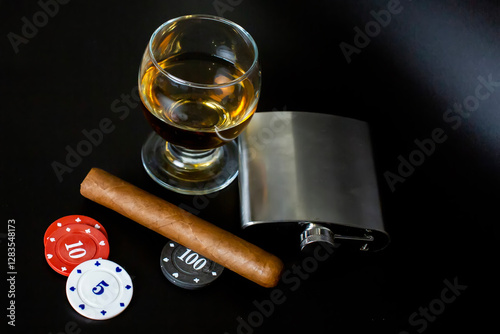 Whiskey, Cigar, Flask, and Chips