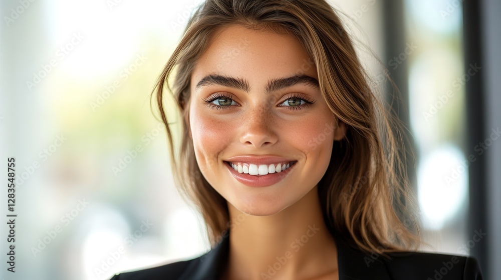 Perfect business lady, confident smile, head and shoulders portrait, soft window light from left Perfect business lady, confident smile, head and shoulders portrait, soft window light from left
