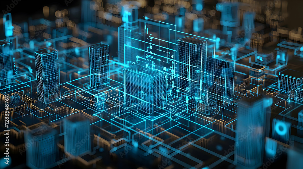 Obraz premium Abstract Digital Cityscape With Blue Light Network Grid And Futuristic Technology Visualization
