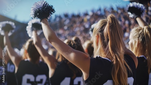 College stadium with cheerleaders leading a crowd chant during a timeout. Featuring team spirit and community