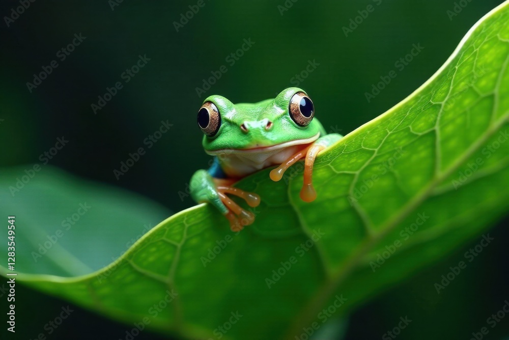 Frog peeking from behind a leaf, hiding spot, camouflage, forest Frog peeking from behind a leaf, hiding spot, camouflage, forest