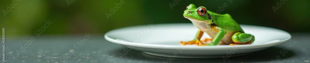 Fototapeta premium Frog perched on a sleek white plate with a curious gaze , frog, white, kitchen