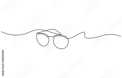 Continuous one line drawing of eyeglasses or sunglasses, Continuous outline of a eyeglasses, Single line drawing of glasses. Vector illustration.