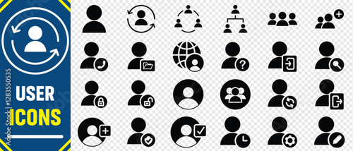 User icons . Simple set of user related vector  icons. Contains icons such as man, woman, profile, personal quality and many other good icons.Team people. User profile symbol.