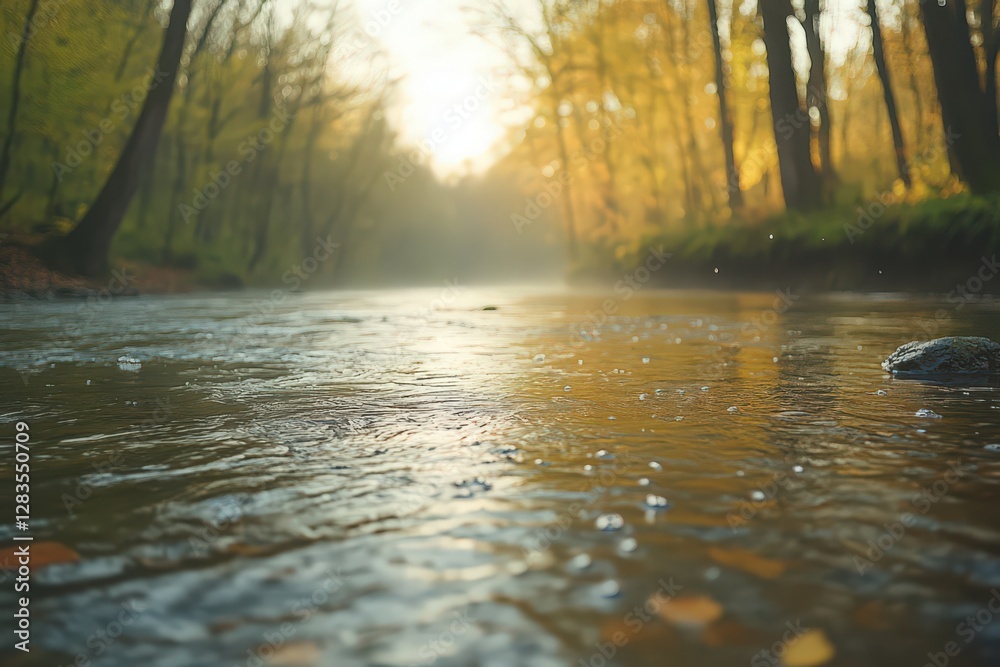 Fototapeta premium Calm River in Autumn Forest at Sunset