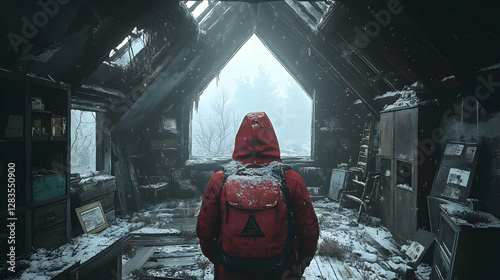 PostApocalyptic Winter Person in Red Jacket Explores Burned House