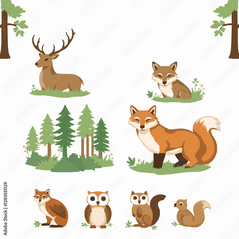 Naklejka premium Forest Animal Icons, Deer, Wolf, Fox, Owl, Squirrel, Nature Wildlife High Quality Vector Illustration