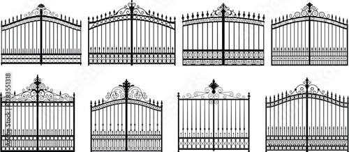 Ornate Wrought Iron Gates set, Vector Illustration, Elegant Vintage Metal Gate Designs