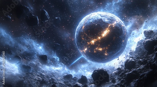 Fototapeta Naklejka Na Ścianę i Meble -  Shattered Planet in Cosmic Debris Field