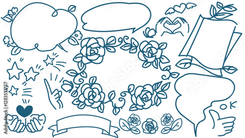 シンプルな手描き風のベクターアイコンと吹き出しのインディゴカラーセット