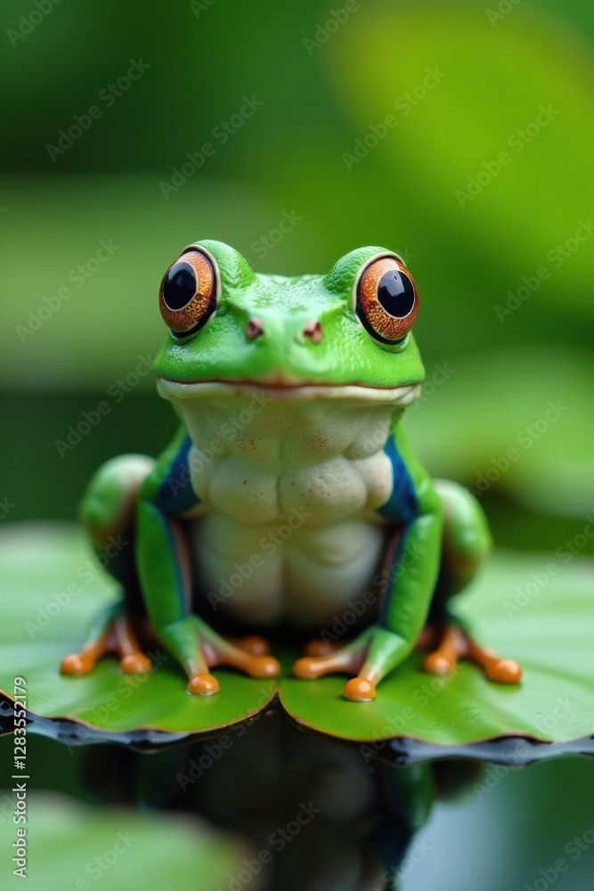 Frog sitting on a lily pad, looking at the camera with big eyes , water, tranquil , pond Frog sitting on a lily pad, looking at the camera with big eyes , water, tranquil , pond