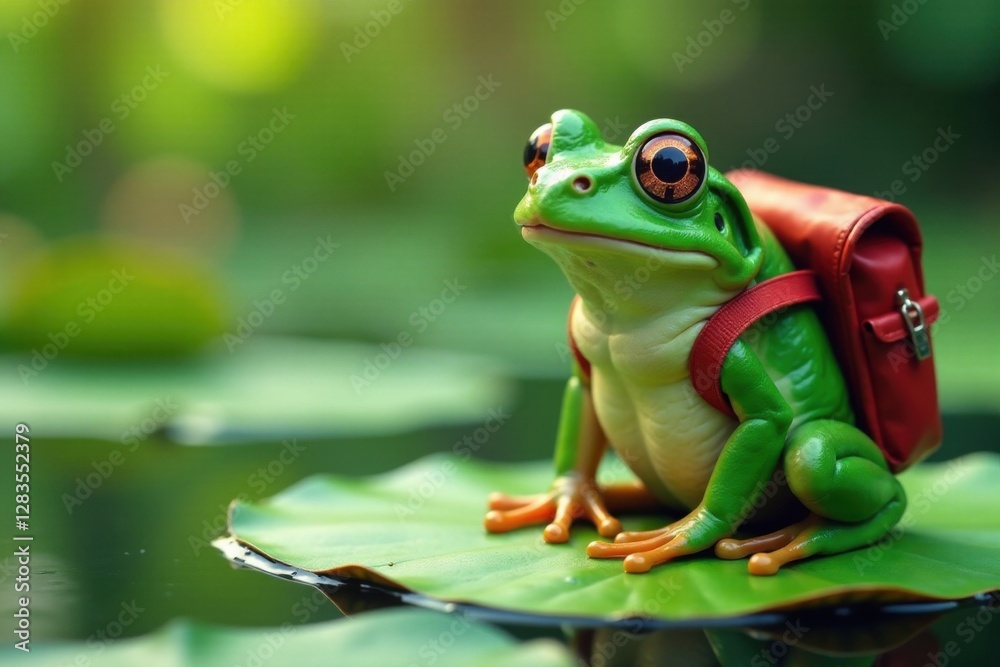 Naklejka premium Frog sitting on a lily pad with sunglasses and a backpack, sunglasses, vacations, lily pads