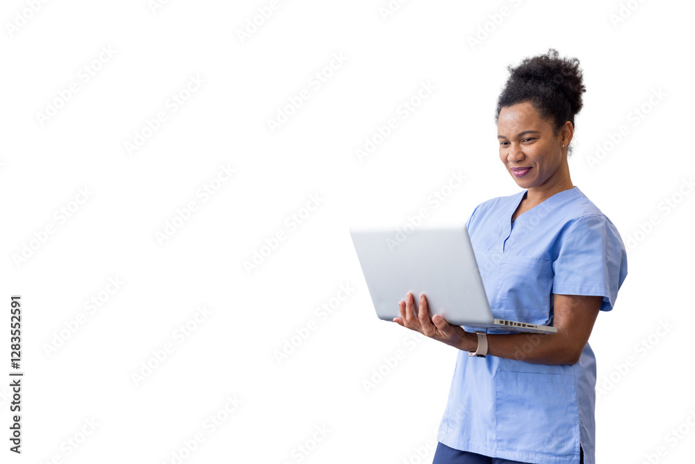 Confident nurse using a laptop while carrying it Confident nurse using a laptop while carrying it