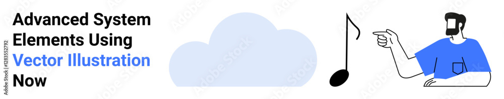 Man in blue shirt gesturing towards a black musical note beside a cloud shape. Ideal for music, creativity, technology, collaboration, digital platforms, education, flat landing page banner Man in blue shirt gesturing towards a black musical note beside a cloud shape. Ideal for music, creativity, technology, collaboration, digital platforms, education, flat landing page banner