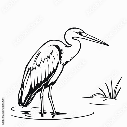 Heron Outline Icon, Black Stroke, Editable Vector, Wetlands Bird Illustrations