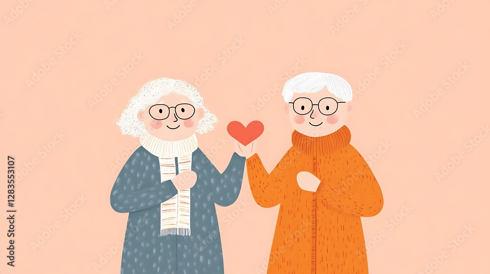 Loving Seniors Sharing a Heartwarming Moment Together in a Whimsical Illustration Loving Seniors Sharing a Heartwarming Moment Together in a Whimsical Illustration