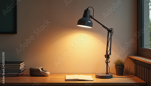Desk lamp with adjustable arm on wooden work desk, comforting ambiance, warm evening light creating shadows