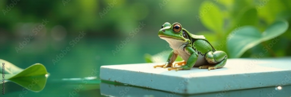 Fototapeta premium Frog sitting on a white panel surrounded by clean water , aquatic life, panel, animal