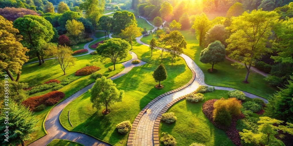 Obraz premium Aerial View: Serpentine Stone Path, Lush Green Park