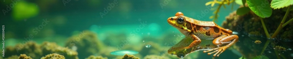 Fototapeta premium Frog swimming in crystal clear water with aquatic plants, lake, fish, aquarium