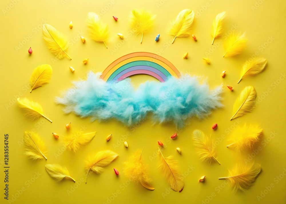 Obraz premium Colorful Rainbow Cloud Rain Feather Flat Lay Minimalist Stock Photo