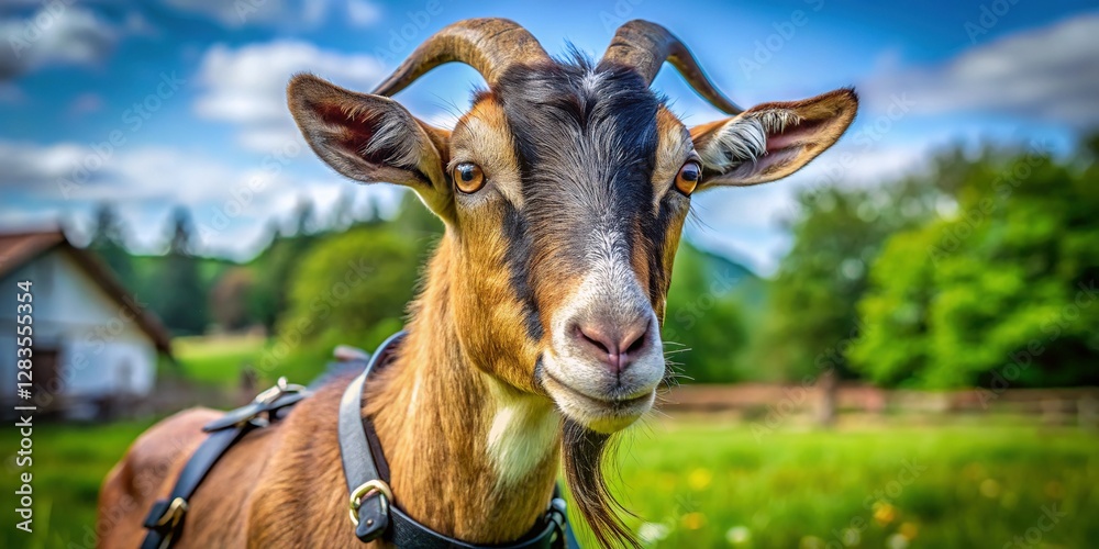Fototapeta premium Determined Goat Ready for Work - Serious Farm Animal Stock Photo