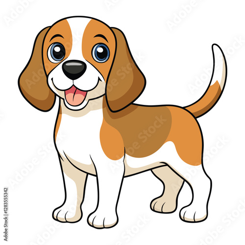 Adobe Illustra Happy cartoon dog character sitting with joy on a blue background showcasing playful design elementstor Artwork.
