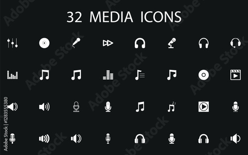 A set of 24 media icons in a minimalist style. Vector