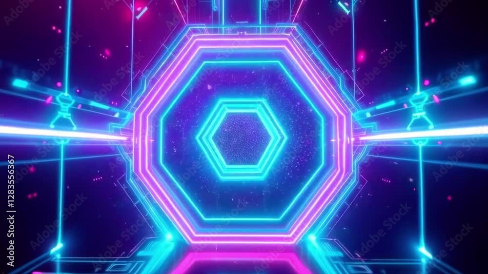 A futuristic, neon-lit tunnel with a hexagonal shape at the center, surrounded by glowing lines and dots.