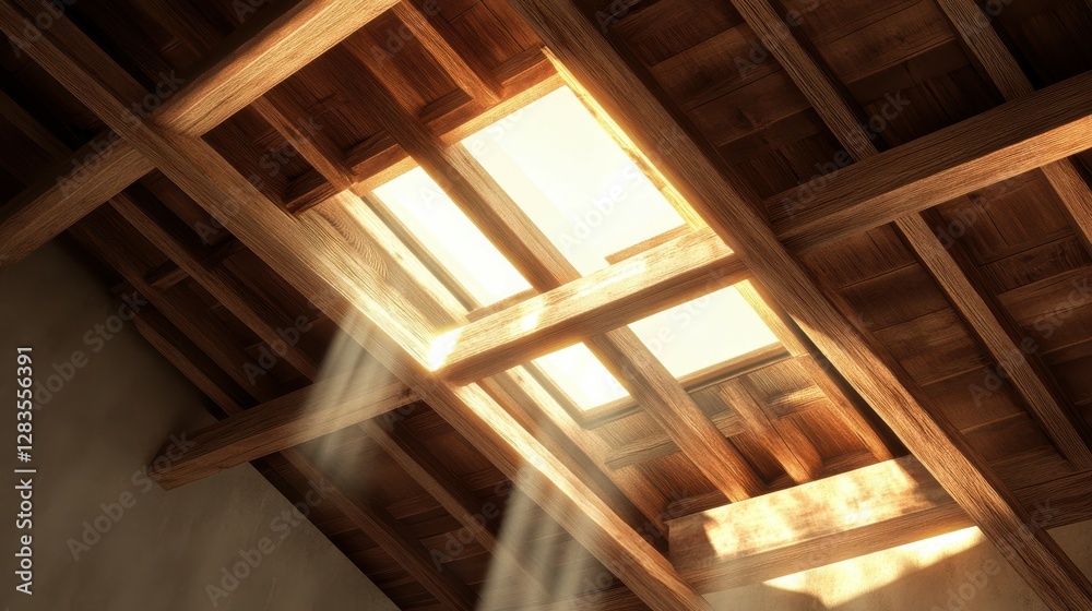 Obraz premium Sunlight streaming through wooden ceiling beam skylight in rustic interior